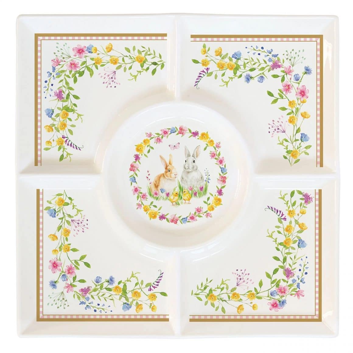 platou din portelan pictat cu flori și iepurași de Paște. Mobexpert