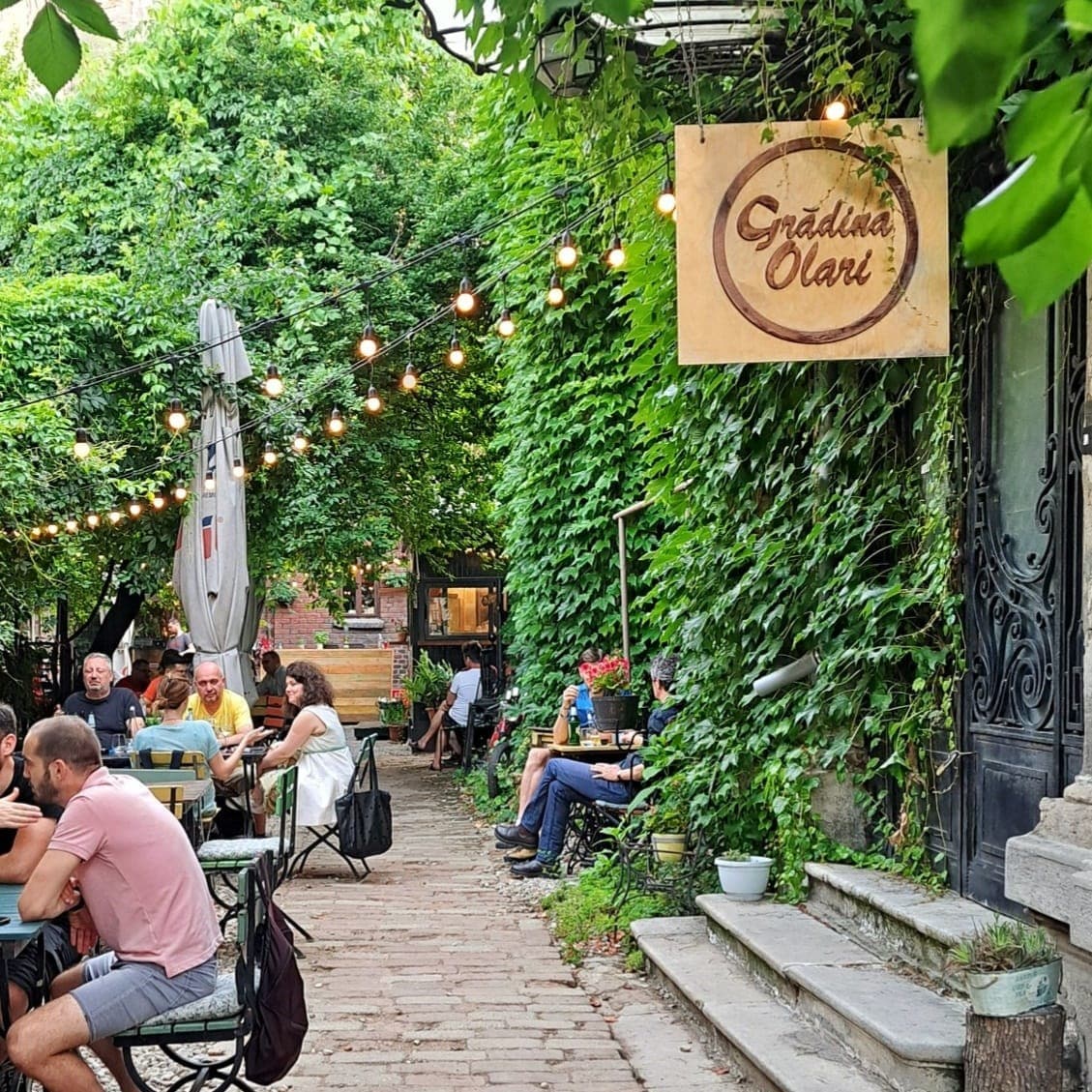 oameni iau masa la terasa Olari, amenajata in curtea unei case interbelice, acoperita cu iedera si multa verdeata