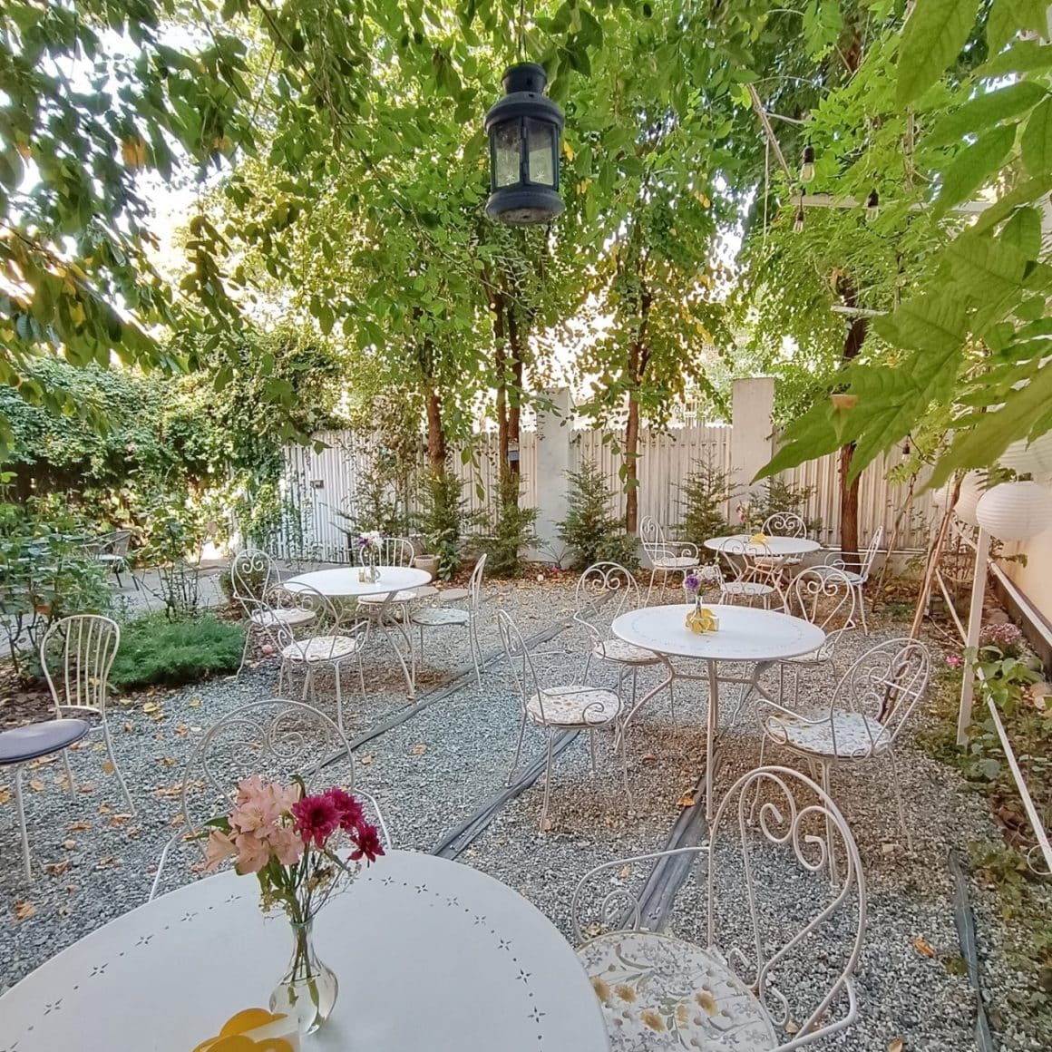Terasa Greentea din București, cu mese albe, metalice, rotunde, si curtea umbrita de copaci inverziti