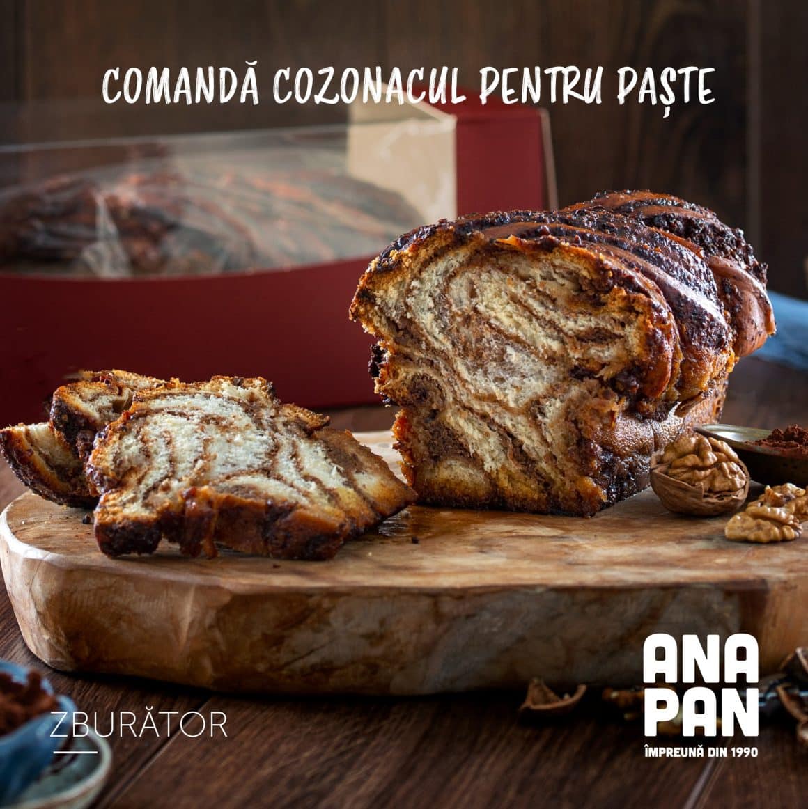 cozonac Zburător cu nucă, din aluat cu maia împletit cu nucă, însiropat cu miere și lămâie de la ana Pan. De unde comanzi pască și cozonac de Paște