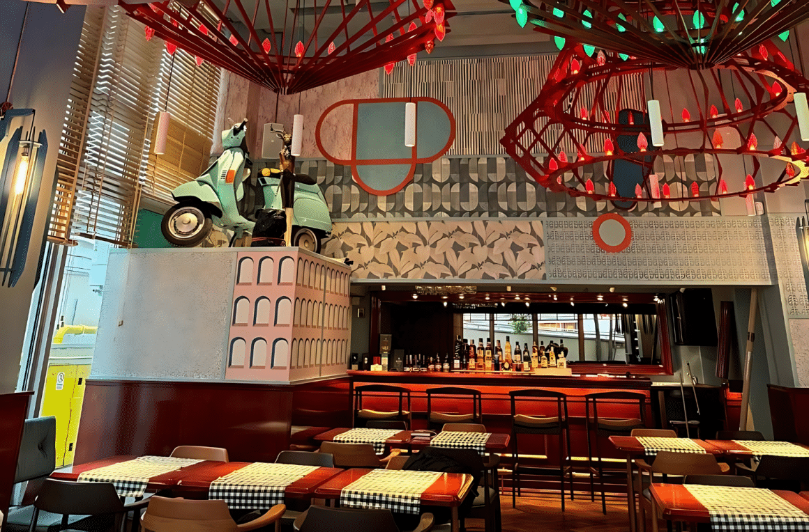 imagine din interiorul restaurantului Bocca Lupo Știrbei, amenajat cu mobilier clasic si candelabre marim moderne. Locuri noi București