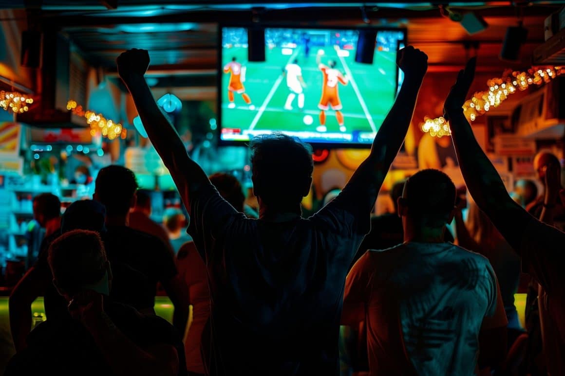 grup de oameni fotografiati in penumbra, urmaresc un meci de fotbal la televizor. terase și baruri sportive din București