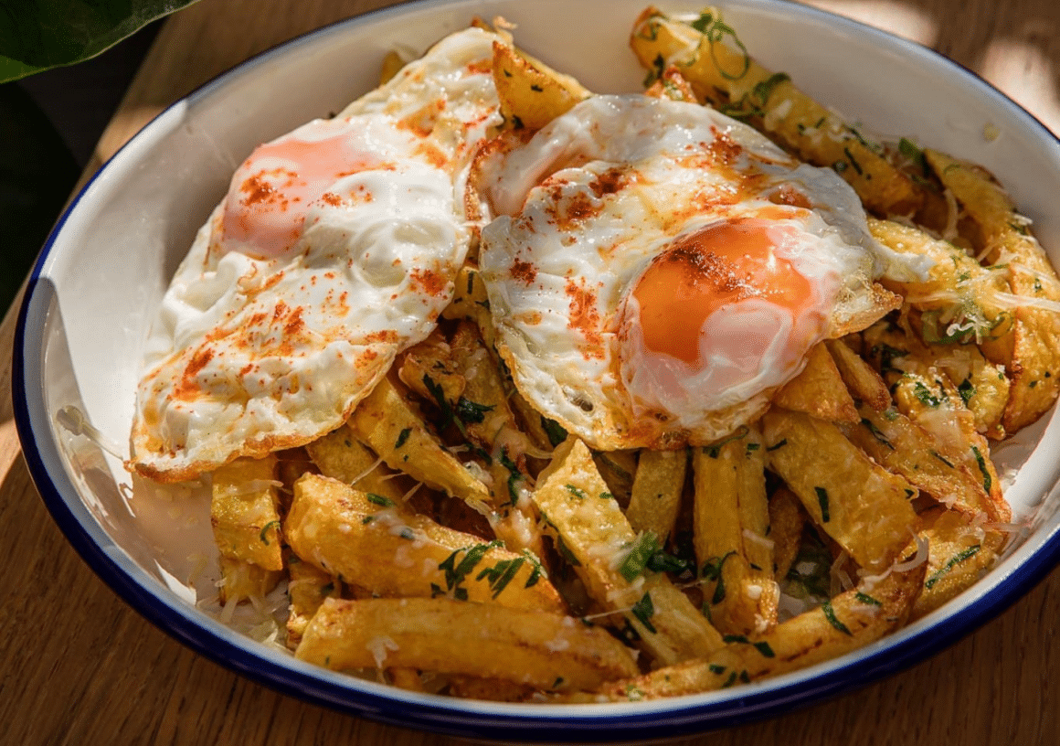 farfurie de cartofi prajiti cu ou prajit de la Bucataria Localfood. Comfort food în București